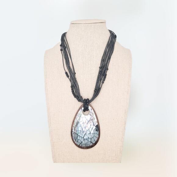 Boutique beaded multi-strand necklace with abalone & wood mosaic teardrop - Picture 1 of 8